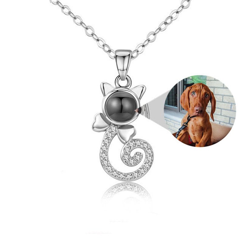 S925 Silver Personalized Gift Cat Shape Customized Colorful Photo Projection Necklace - CURVY MOON