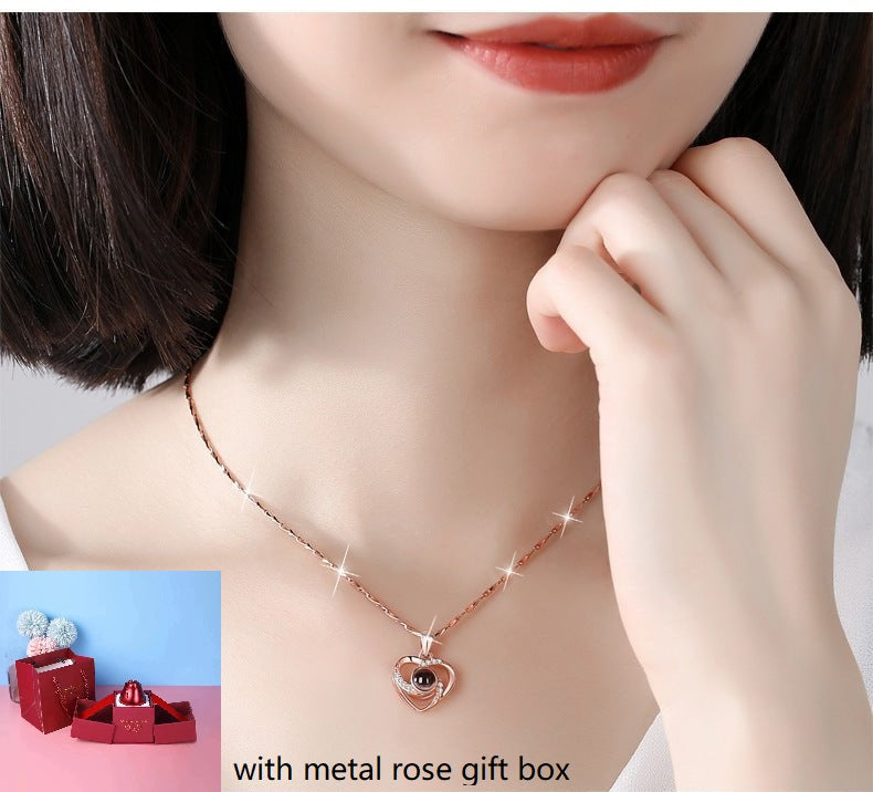 S925 Silver Romantic Colorful Photo Projection Necklace Heart Shaped Pendant Necklace