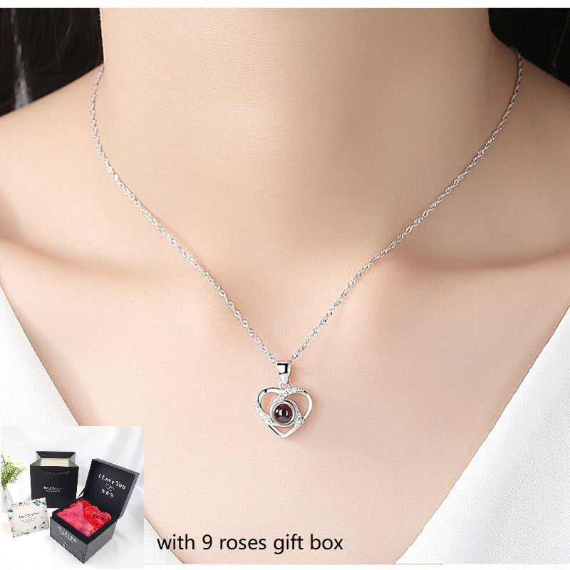 S925 Silver Romantic Colorful Photo Projection Necklace Heart Shaped Pendant Necklace