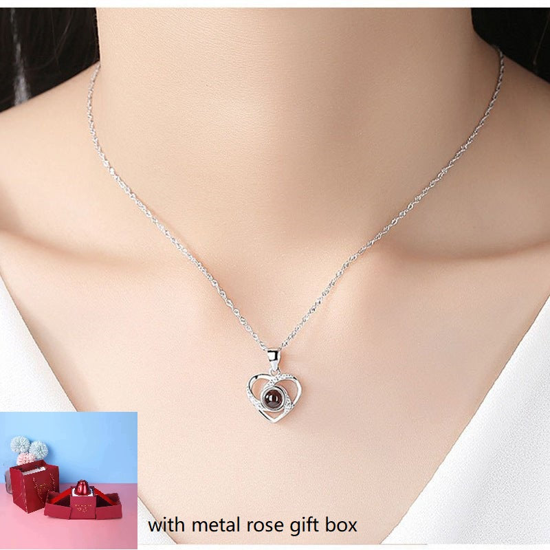 S925 Silver Romantic Colorful Photo Projection Necklace Heart Shaped Pendant Necklace